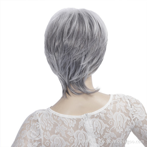 wholesale heat resistant silver-gray short natural straight hair synthetic hair wig for Older women